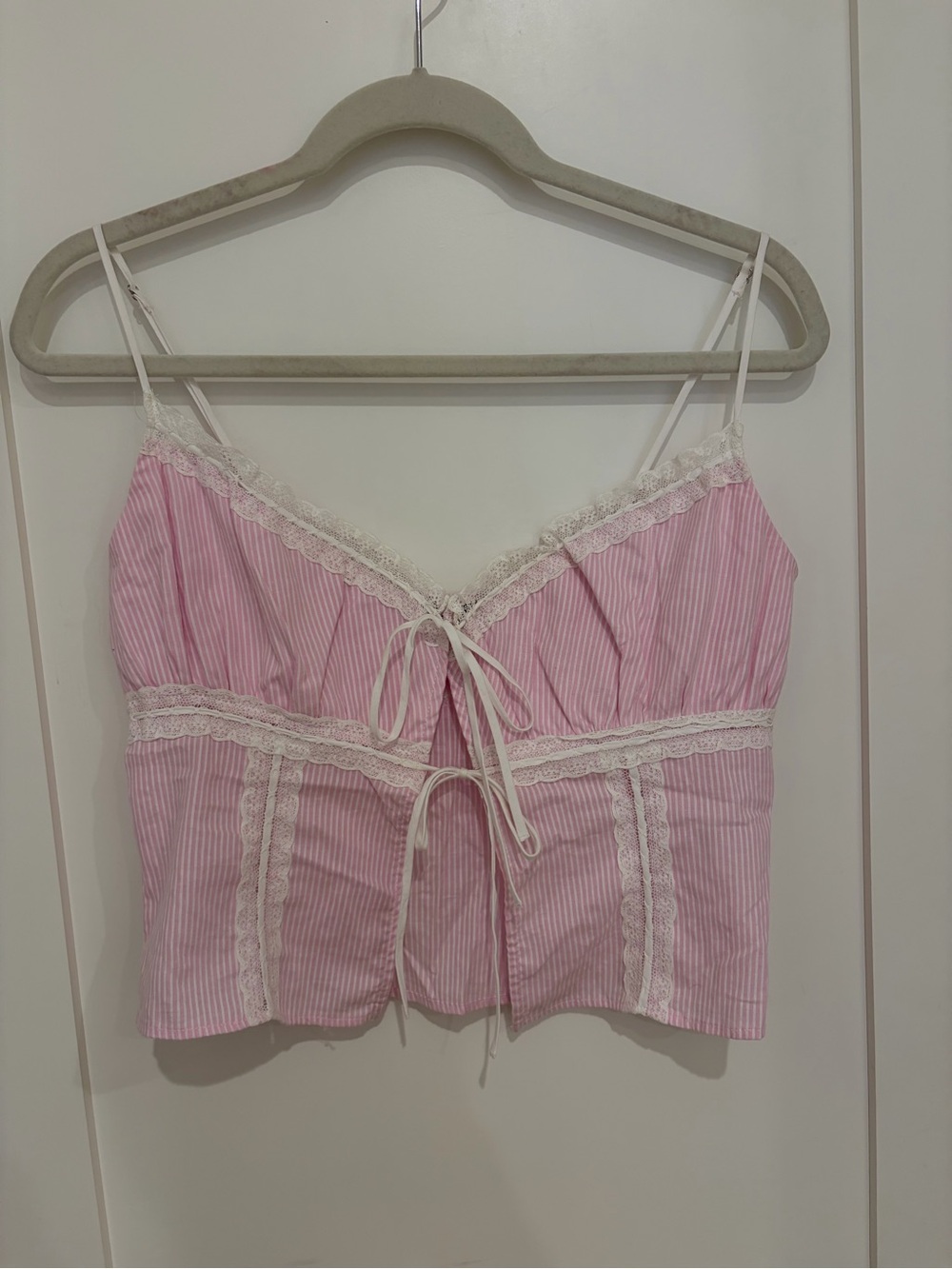Cotton Candy LA Pink Striped Lace-Trimmed Tie-Front Tank